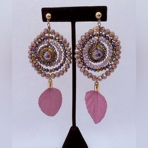 Pink And Peacock Color Beaded Dangle Earrings Leaf Sparkle 4.5” Long Statement